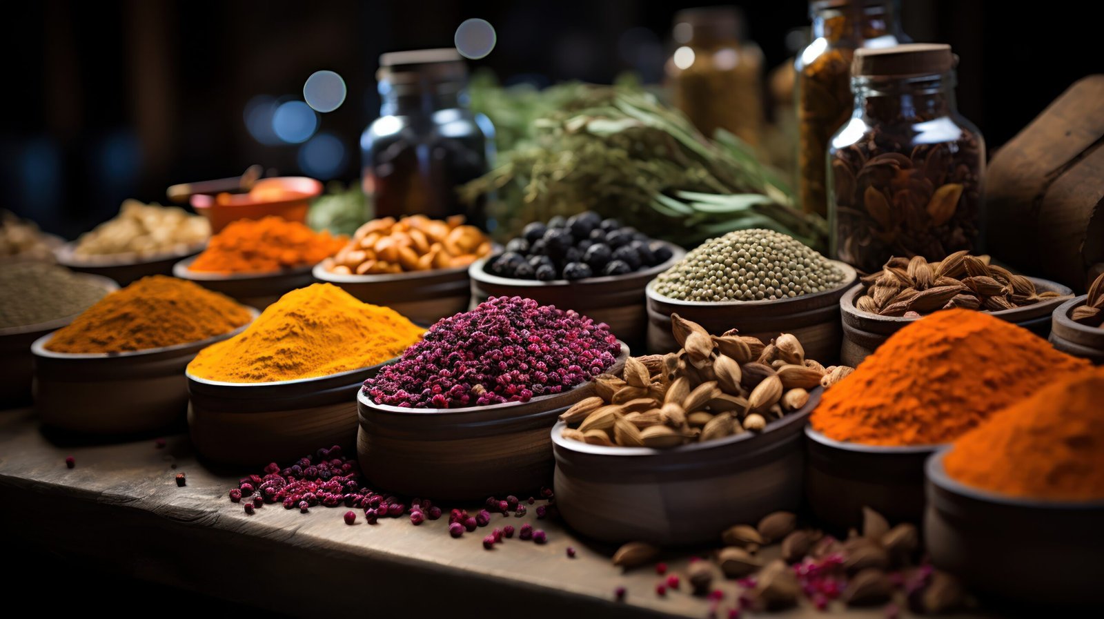 various spices grains laid out marketplace table scaled